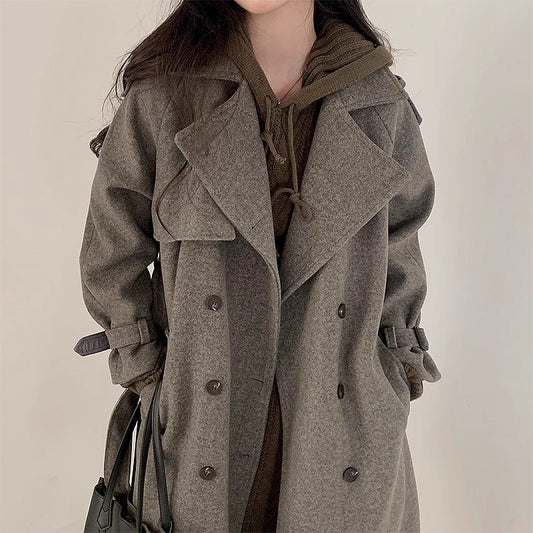Double Breasted Lace-up Waist-controlled Slimming Mid-length Woolen Coat