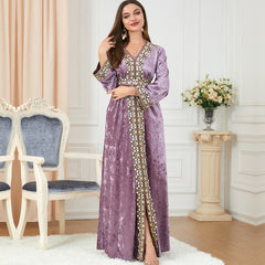 Loose Slim V-neck High-end Women's Long-sleeved Canary Velvet Dress