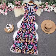 Blue Printed Vacation Style Deep V-neck Sleeveless Women's Long Dress