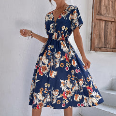 Summer Floral Print Short Sleeved V-neck High Waisted Dress A-line Skirt Mid Length Skirt