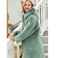 Women's Faux Fur Long Hooded Faux Rabbit Plush Jacket