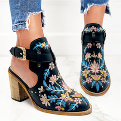 Personalized Retro Embroidered Rivet High Heels Chunky Heel Women's Sandals