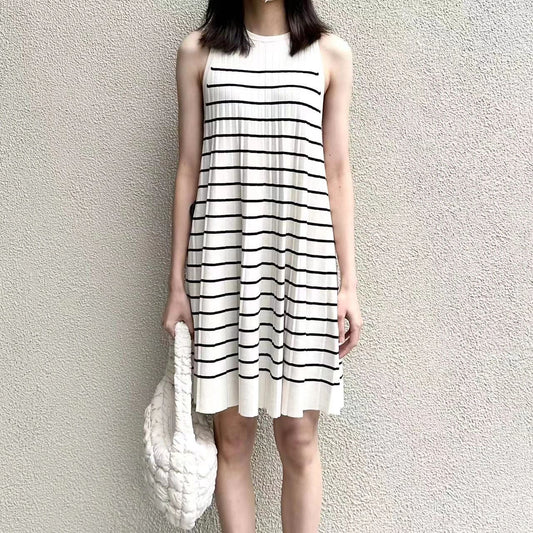 Casual Style A- Line Round Neck Pleated Dress Retro Vacation Striped Knitted Vest Skirt