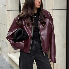 Lapel Zipper Jacket  Casual Long Sleeve Leather Coat