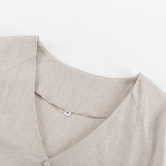 Cotton And Linen French Dress Temperament Commute V-neck Lantern Sleeve Loose Dress