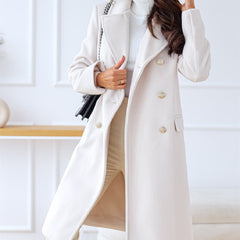 Women's Simple Long Sleeve Lapel Double Breasted Woolen Coat