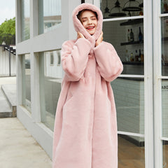 Women's Faux Fur Long Hooded Faux Rabbit Plush Jacket