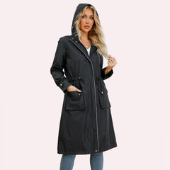 Long Casual Windbreaker Women's Waterproof Hooded Solid Color  Striped Lining Straight Coat