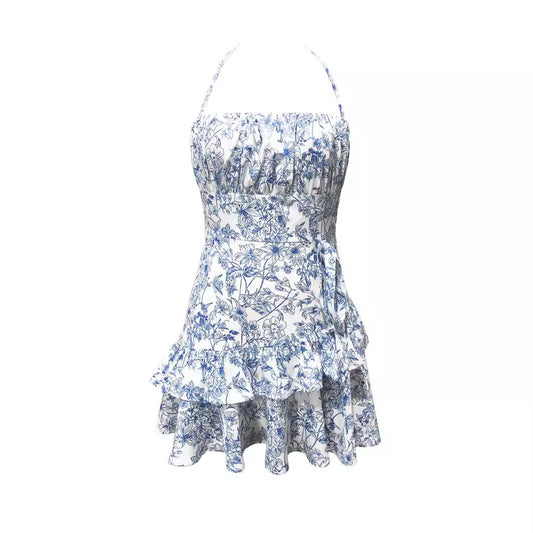 Dress Floral Flounce Halter Lace-up Sexy Waist Trimming