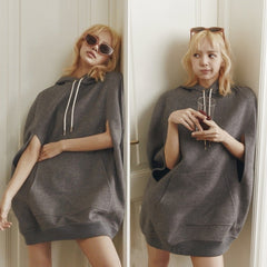 Women's Grey Hooded Cape Sweater Loose Pullover