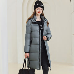 Winter Warm Hooded Coat With Pockets Fashion Simple Long Cotton puffer Jacket Solid Color Outwear Women's Clothing