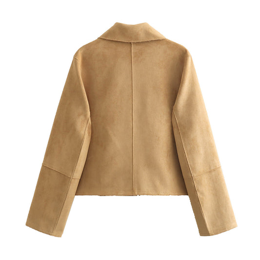 Single-breasted Pocket Square Collar Suede Top