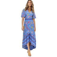 Bohemian Floral Beach Print Flared Sleeve Dress Women