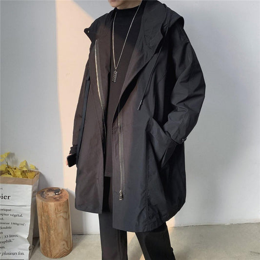 Hong Kong Style Casual Windbreaker Men's Mid-length Hooded Jacket