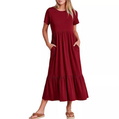 Women's Sub-round Neck Pleating Layered Large Swing Casual Dress