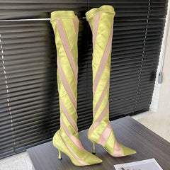 Pointed Heel Elastic Thread Stitching Mesh Long Tube Over The Knee Boots
