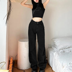 Women's High Waist Straight Wide Leg Printed Slim Jeans
