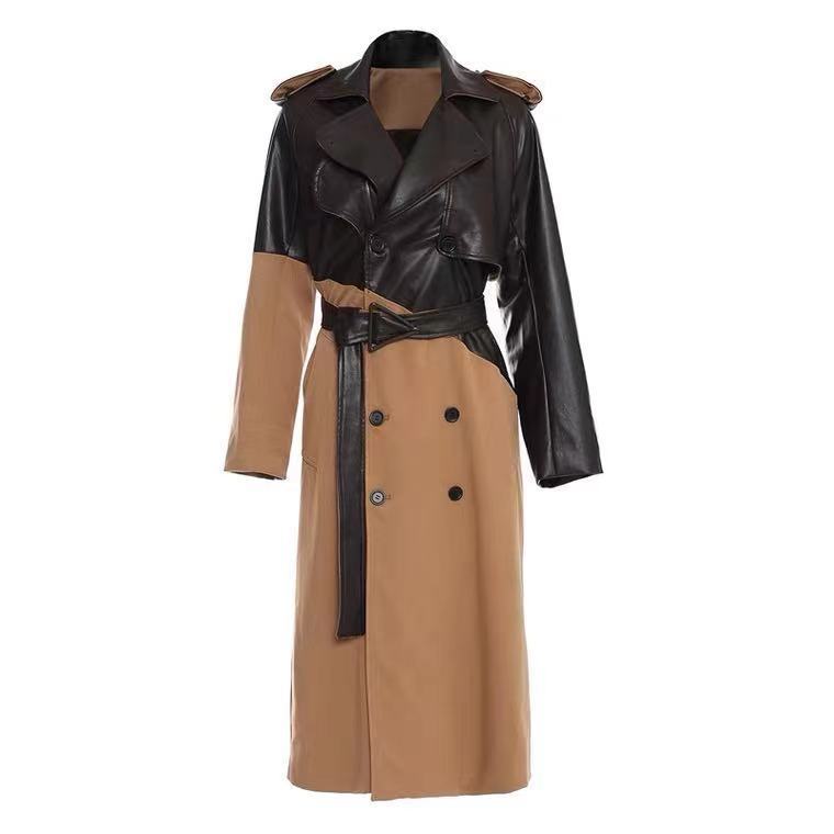 Leather Stitching Trench Coat Tied Double Breasted Fitted Waist Over The Knee