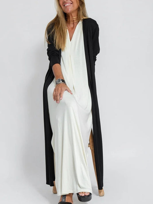 European And American Style Solid Color Long Sleeve Long Slit Trench Coat