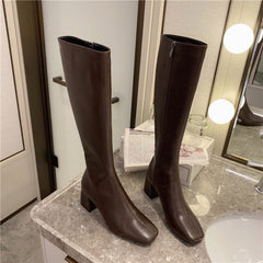 Women's Knee Side Zipper Square Toe Boots