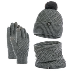 Autumn And Winter Hat Scarf Gloves Knitted Hat Amazon Outdoor Fleece-lined Warm Fur Ball Thickened Woolen Cap Three-piece Set