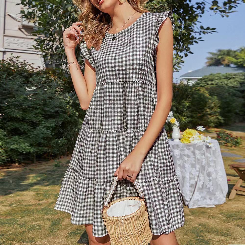 Plaid Flying Sleeves Mid-length Dress