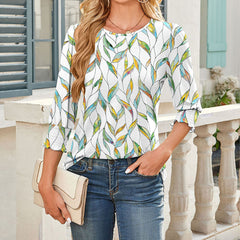Womens Dressy Casual 3 4 Sleeve Tops Summer Trendy Puff-Sleeve Crew Neck Blouses With Smocked Cuffs