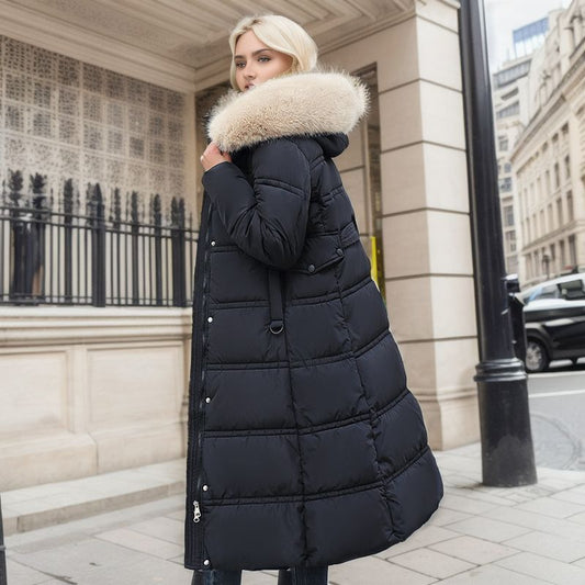 Winter Slim Long Jacket With Fur Hood And Belt Fashion Solid Hooded Coat Warm Clothing For Women