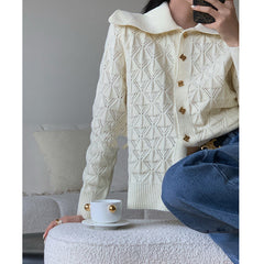 Temperament Lapel Gold Buckle Hollow Sweater Small Fragrance Cardigan