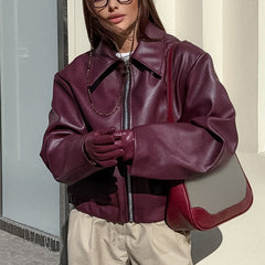 Lapel Zipper Jacket  Casual Long Sleeve Leather Coat