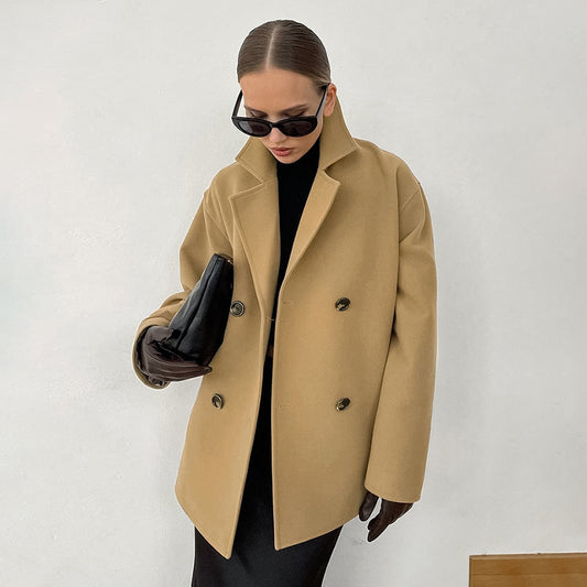 Autumn And Winter Woolen Overcoat Mid-length Loose Thick Brown Double-breasted Woolen Coat