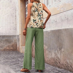 Women's 2 Piece Outfits Summer Casual Sleeveless Halter Neck Crop Tops Wide Leg Pants Set