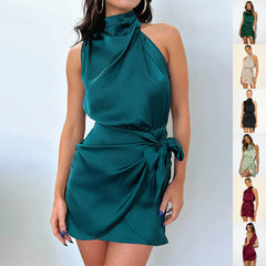 Elegant Halter Neck Dress Fashion Sleeveless Waist-tied Short Dresses For Evening Party Clothing Women