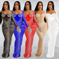 Women's Hot Drilling Mesh See-through Long Sleeve Dress