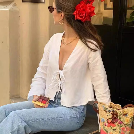 Deep V Bell Sleeve Tied Top Women