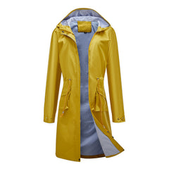 Long Casual Windbreaker Women's Waterproof Hooded Solid Color  Striped Lining Straight Coat