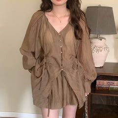 Retro Temperament V-neck Lace-up Pleated Long-sleeved Shirt And Shorts Set