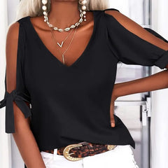 Womens Summer Cold Shoulder Tops Short Sleeve Tie Knot V Neck T Shirts Blouses