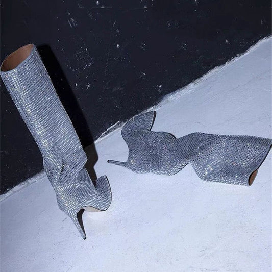 Pointed Toe Cashmere Solid Color Women's Rhinestone Stiletto Heel Knee Boots