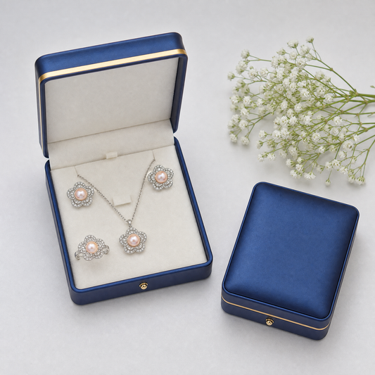Pink pearl flower necklace, earrings and ring set