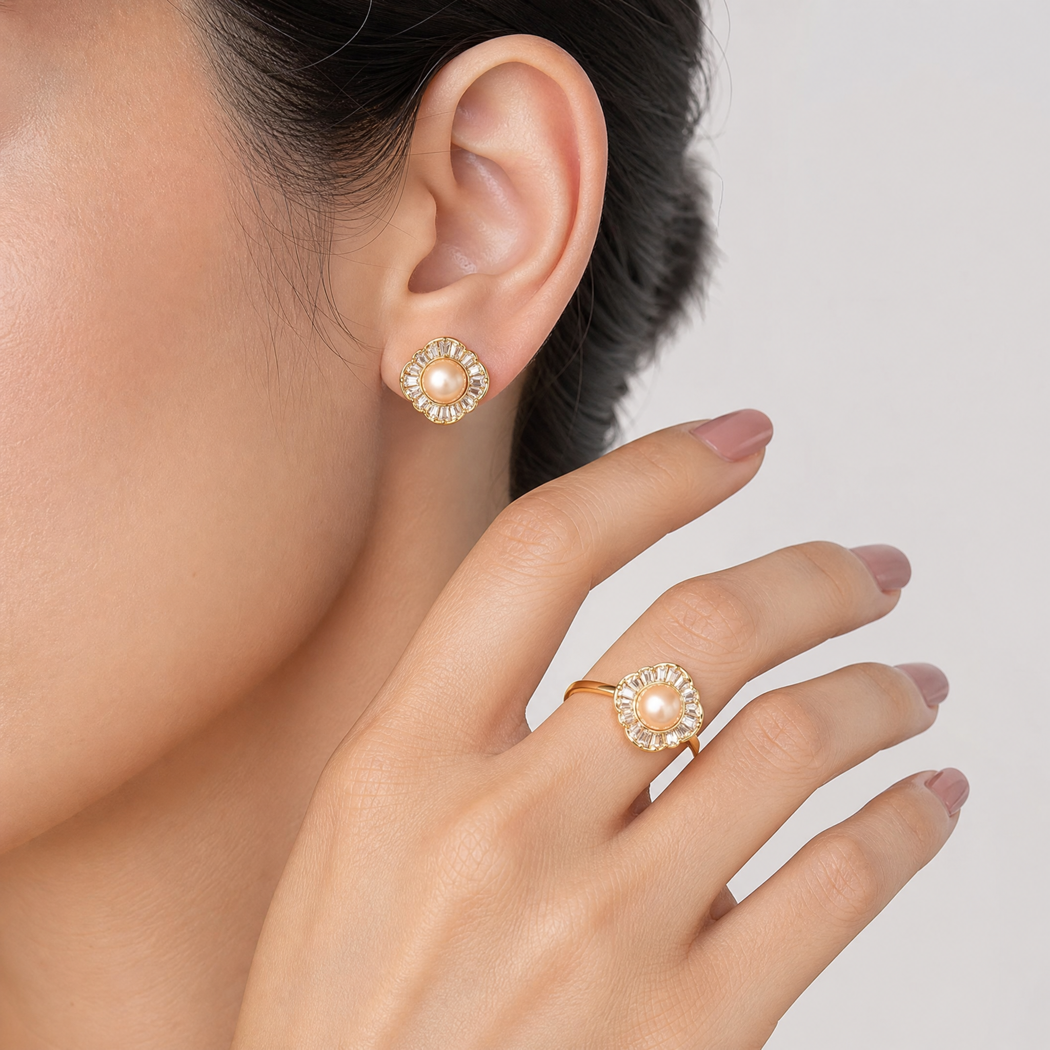 Real pearl gold square halo necklace, earrings and ring set