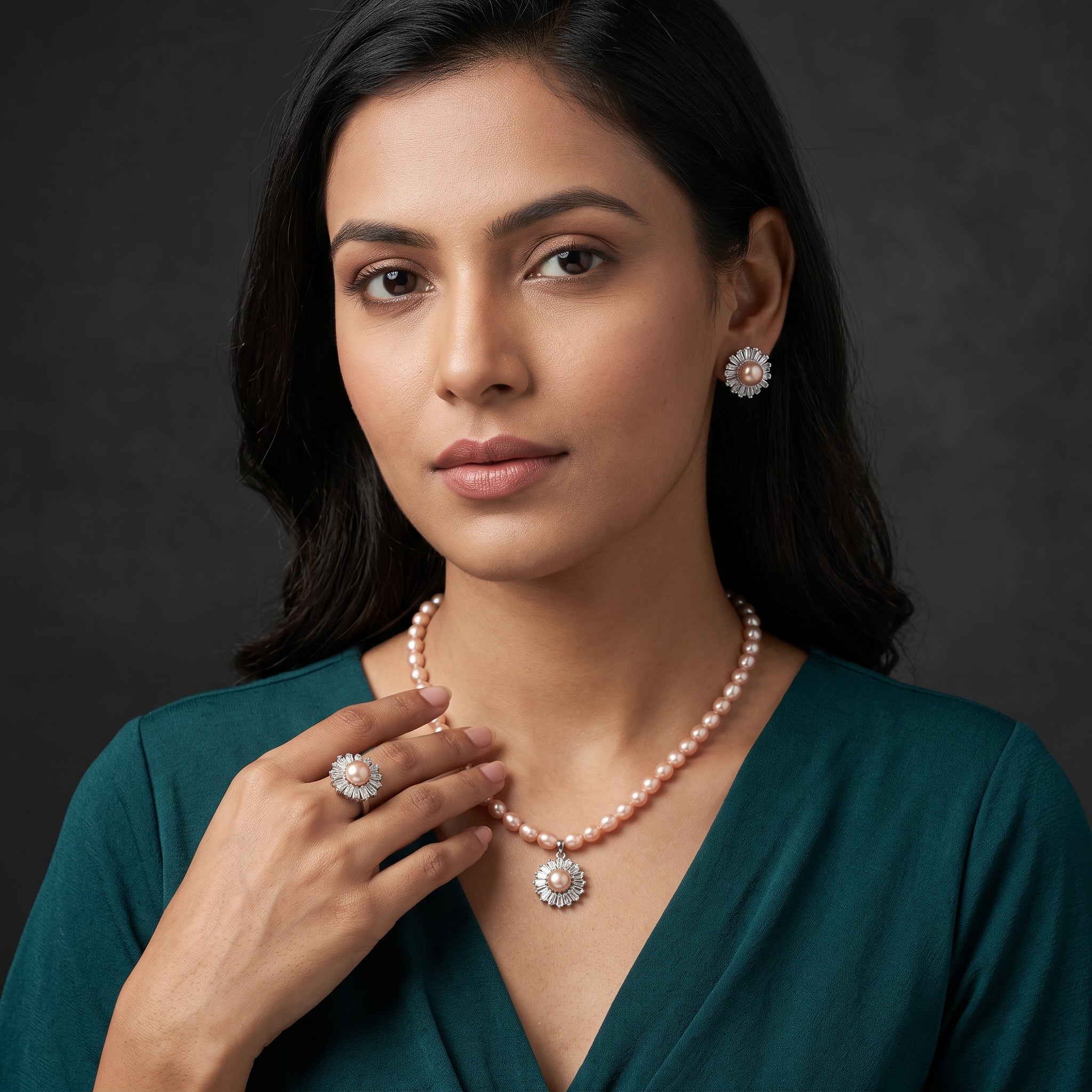 Pearl strand sunburst necklace, earrings and ring set