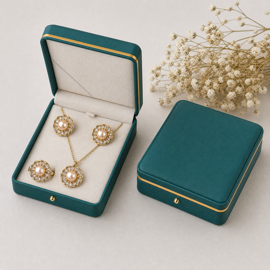 Champagne pearl gold sunburst necklace, earrings and ring set