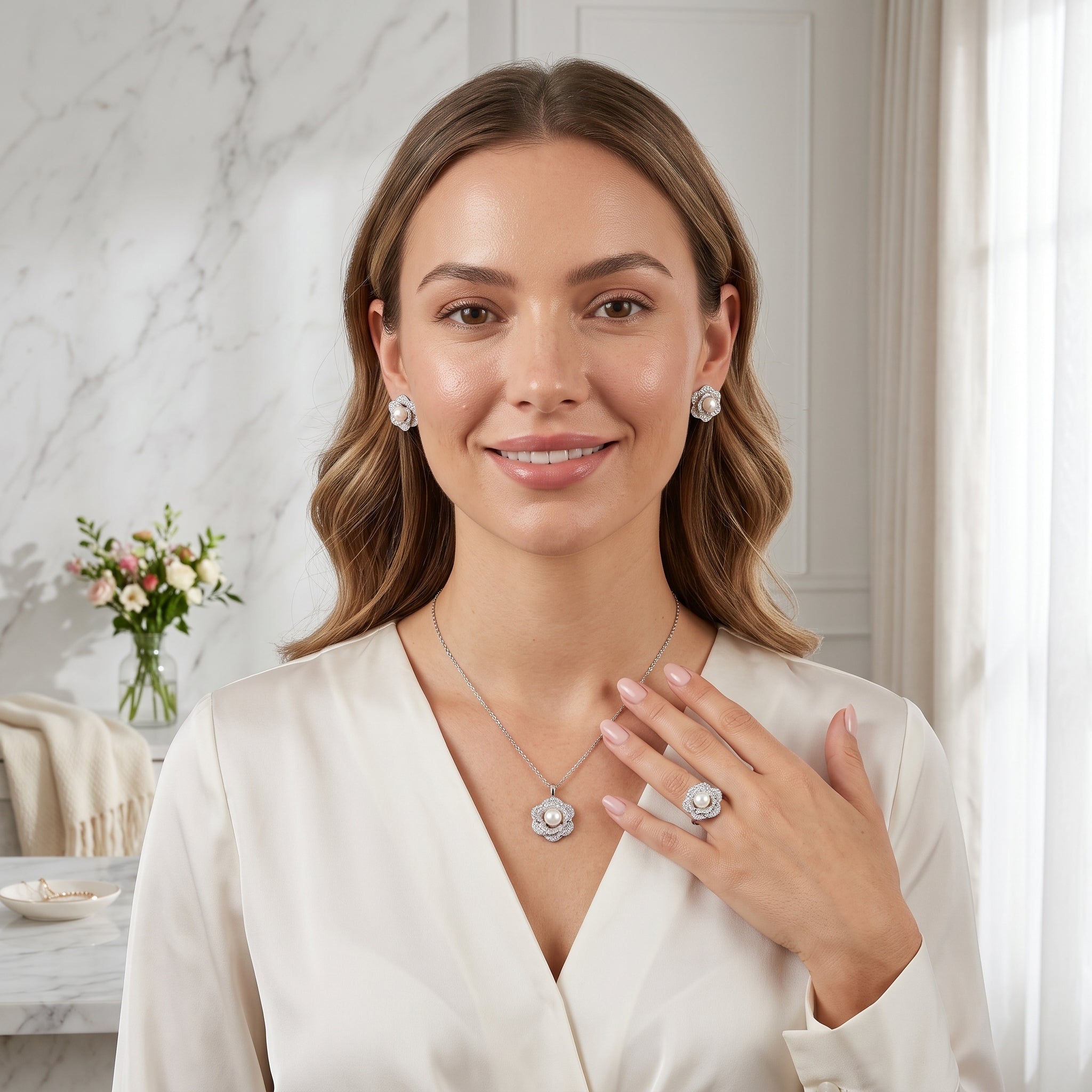 Real pearl silver rose necklace, earrings and ring set