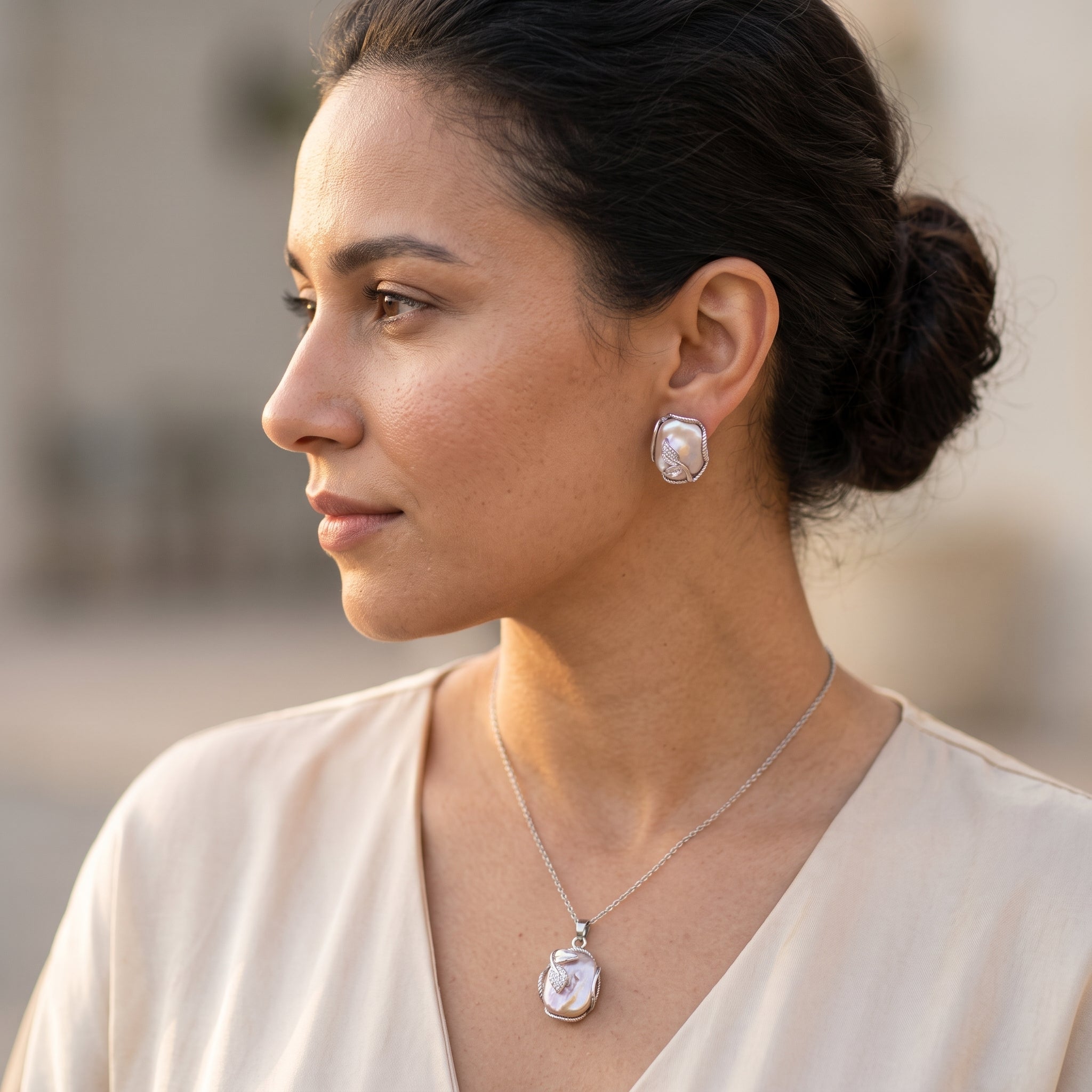 Blush baroque pearl silver leaf necklace, earrings and ring set