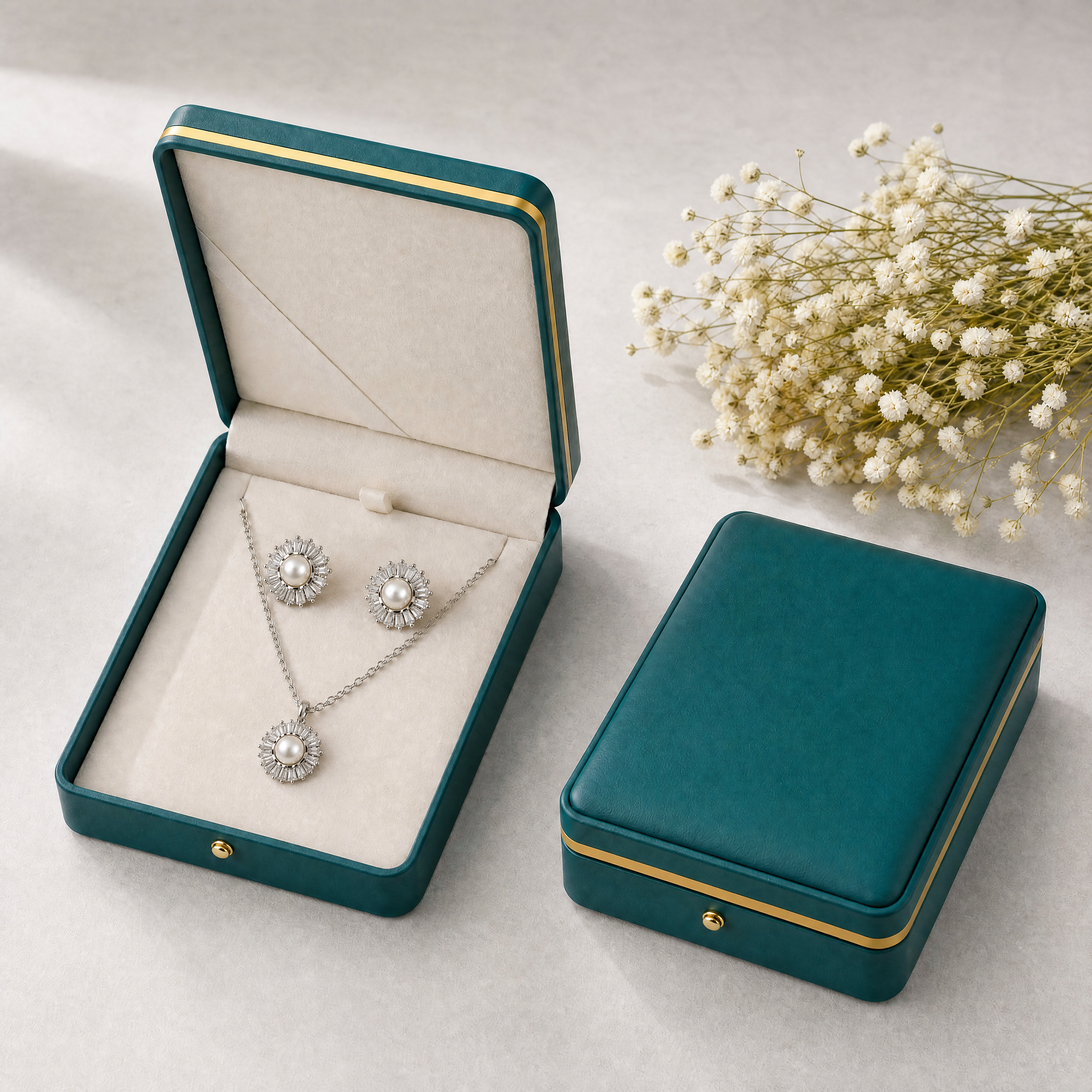 White pearl silver sunburst necklace and earrings set