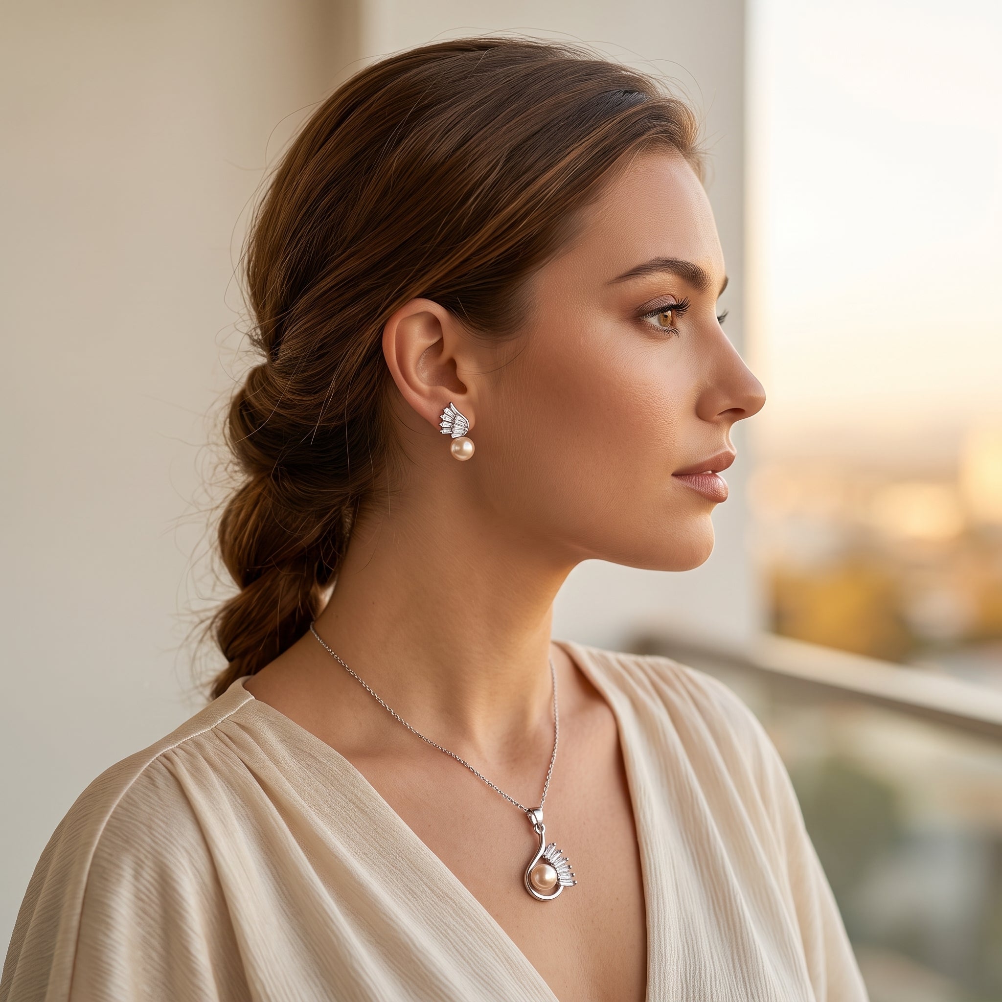 Blush pearl fan wing drop jewelry set