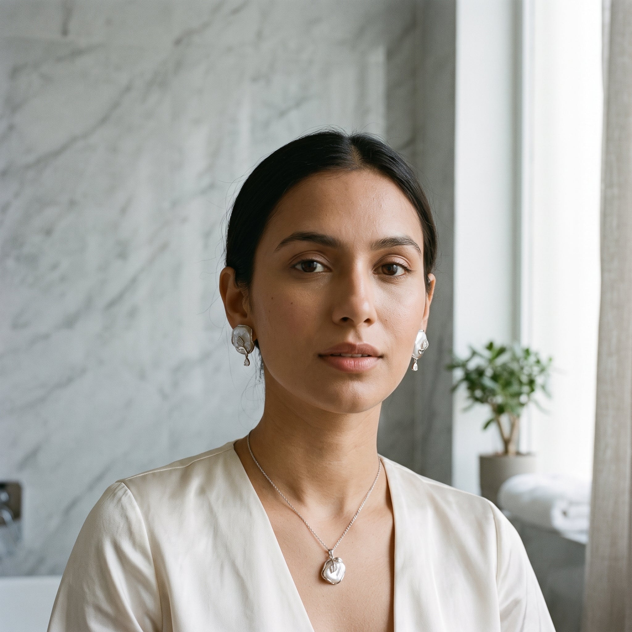 Baroque pearl silver leaf necklace and earrings set