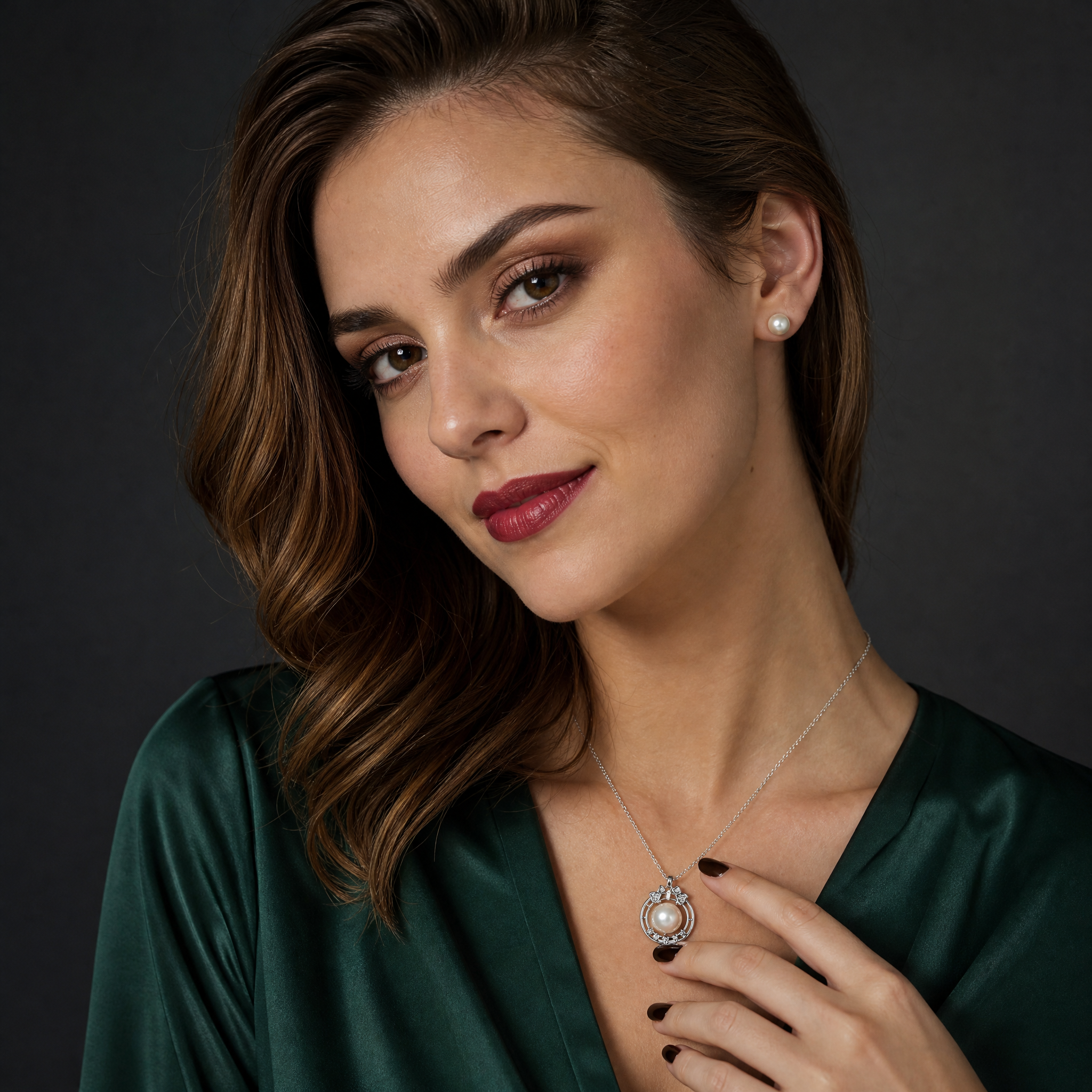 Pearl circle halo pendant necklace and stud earrings set