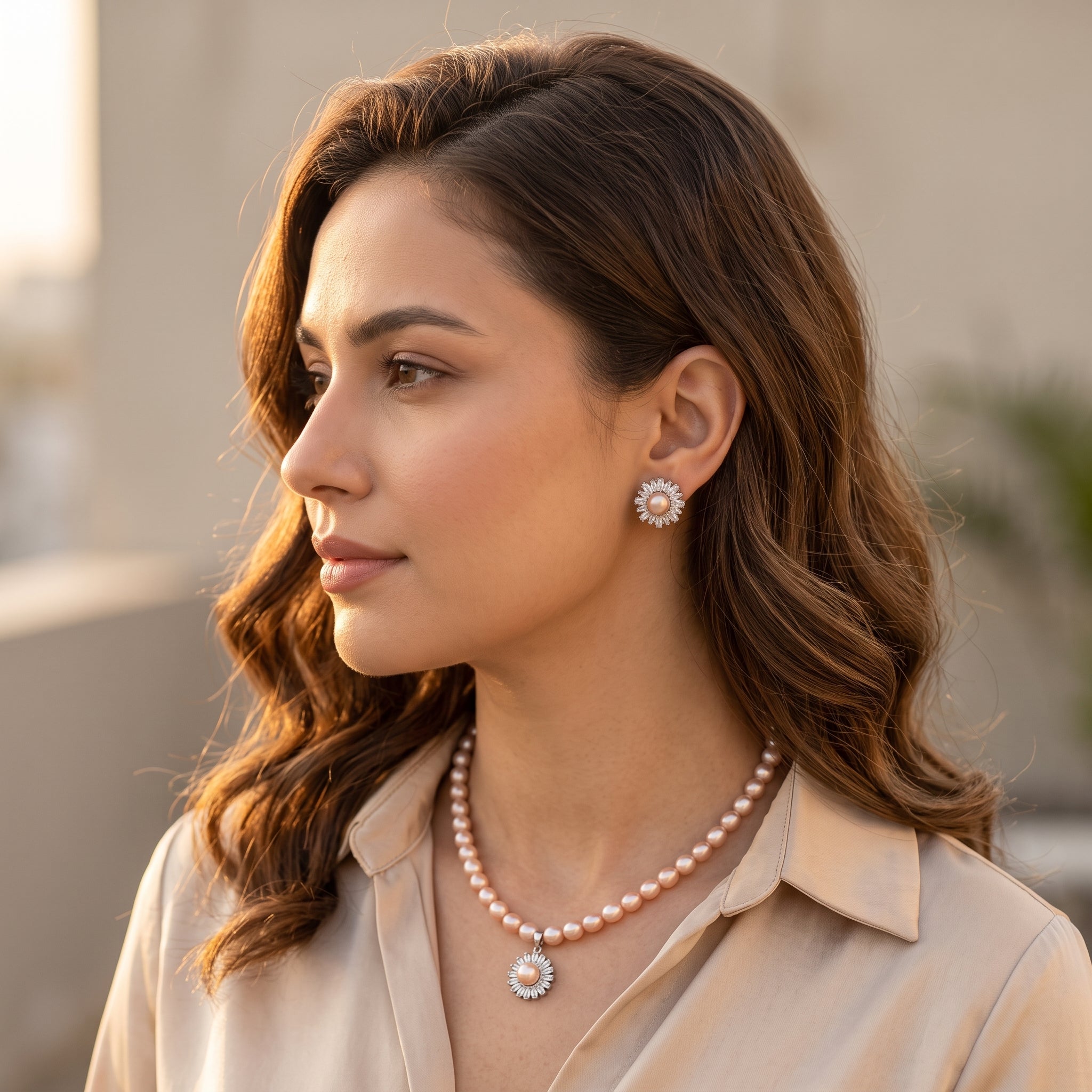 Pearl strand sunburst necklace, earrings and ring set